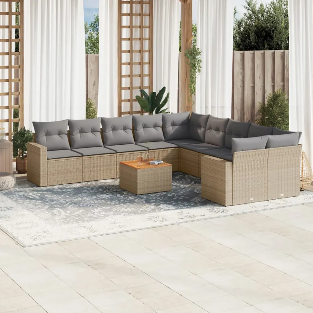 11-delige Tuinset met kussens poly rattan beige vidaXL