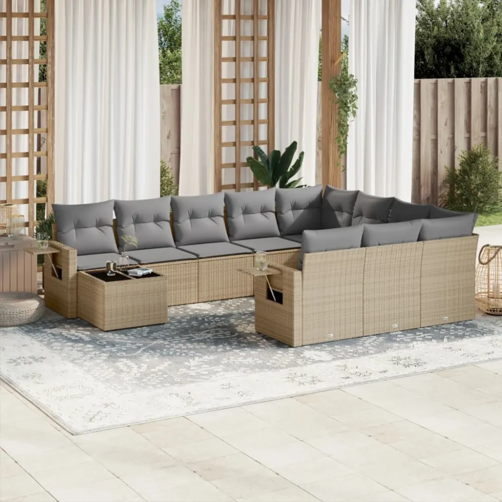 11-delige Tuinset met kussens poly rattan beige vidaXL