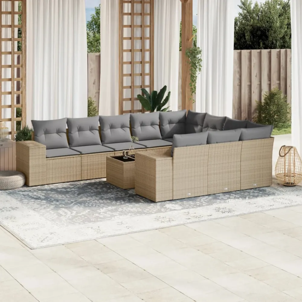 11-delige Tuinset met kussens poly rattan beige vidaXL