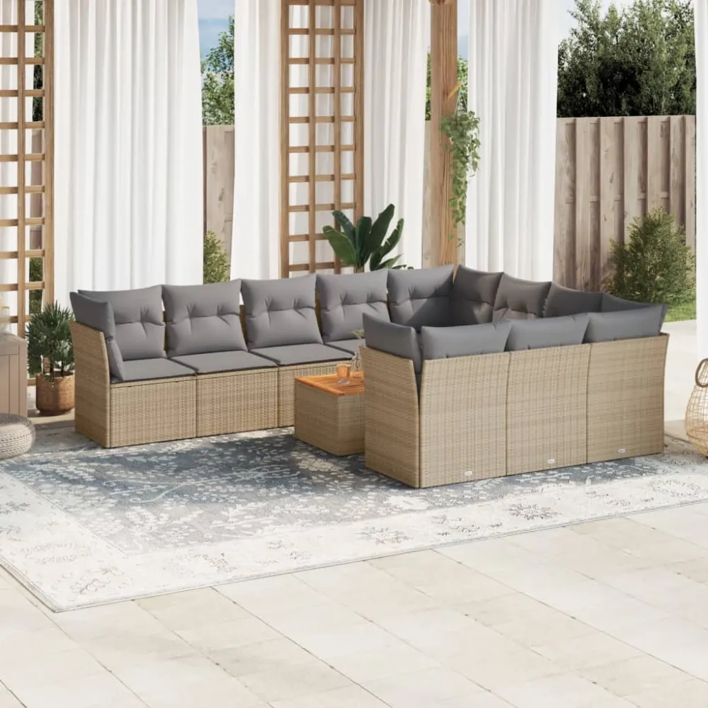 11-delige Tuinset met kussens poly rattan beige vidaXL