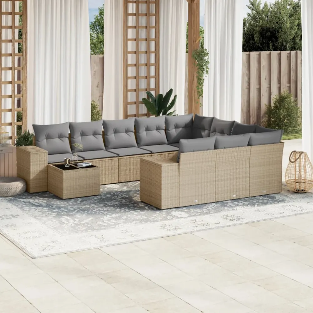 11-delige Tuinset met kussens poly rattan beige vidaXL