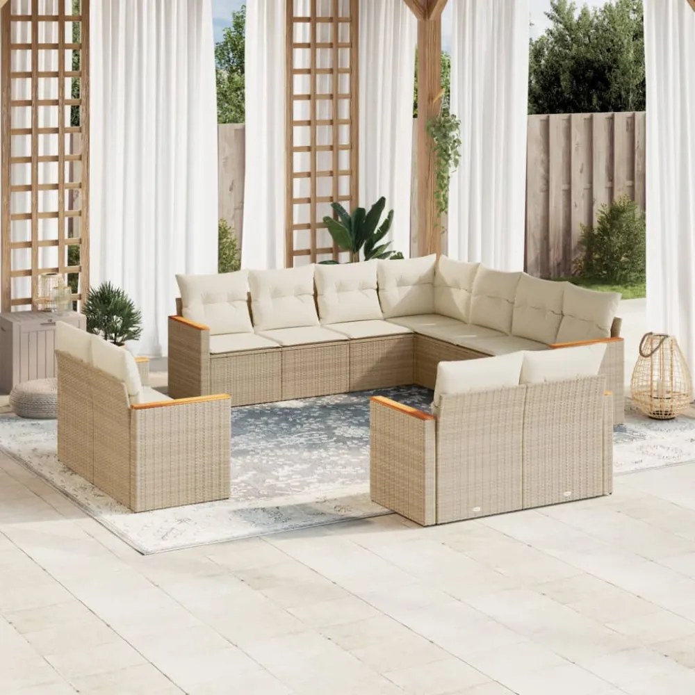 11-delige Tuinset met kussens poly rattan beige vidaXL