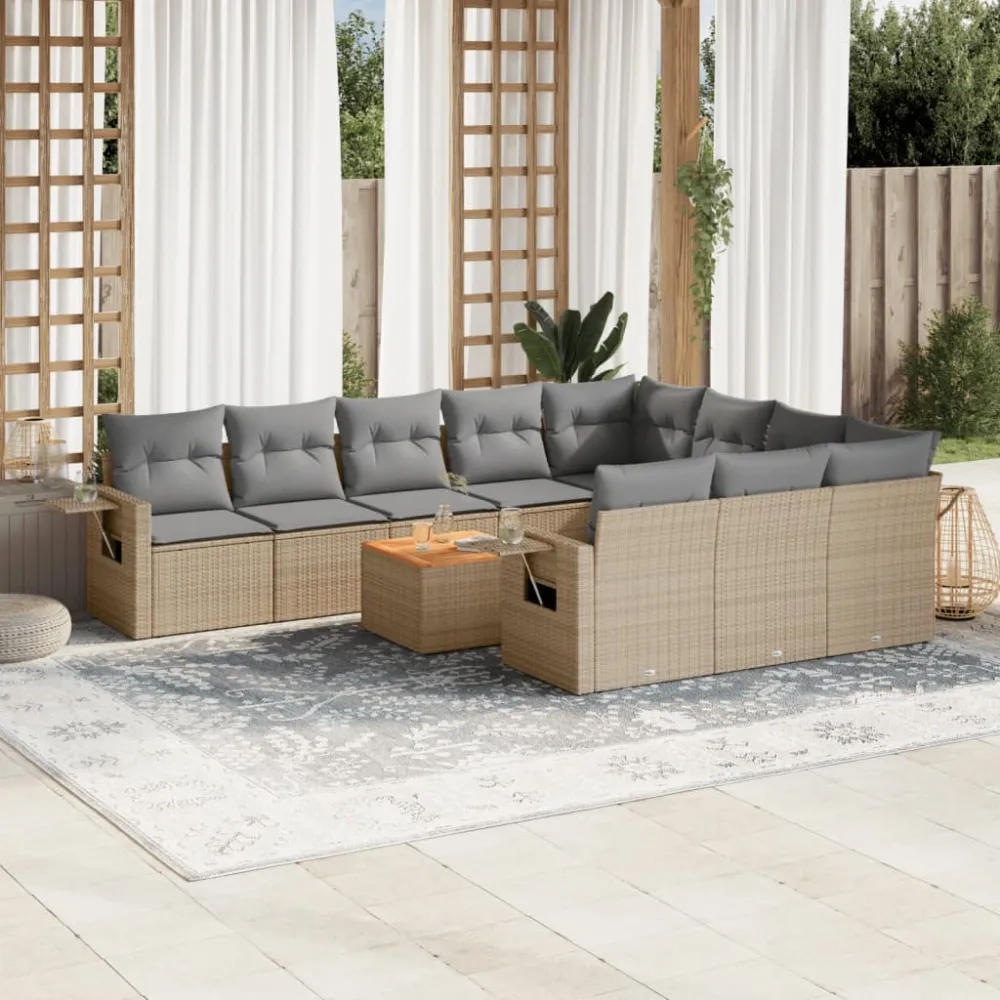 11-delige Tuinset met kussens poly rattan beige vidaXL