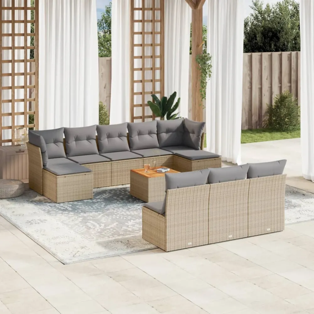 11-delige Tuinset met kussens poly rattan beige vidaXL