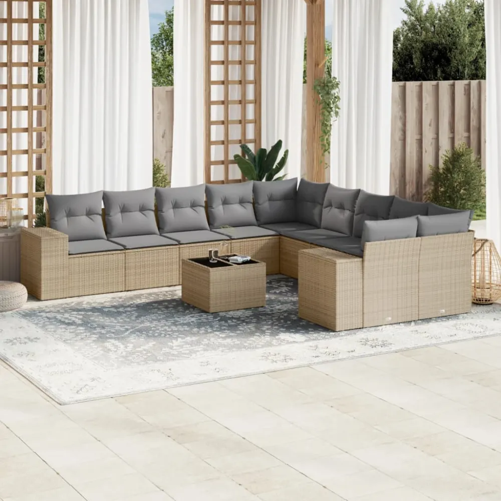 11-delige Tuinset met kussens poly rattan beige vidaXL