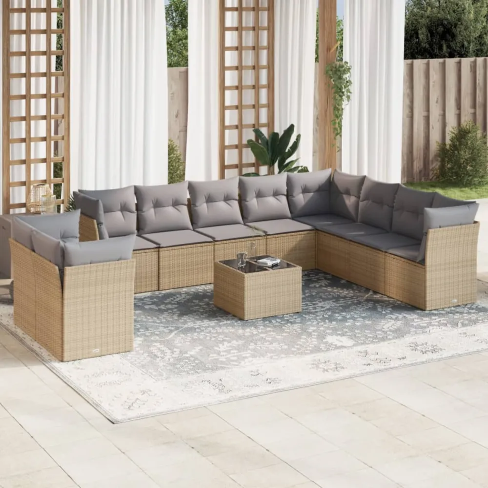 11-delige Tuinset met kussens poly rattan beige vidaXL