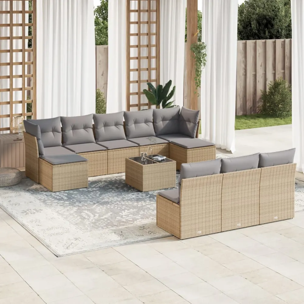 11-delige Tuinset met kussens poly rattan beige vidaXL