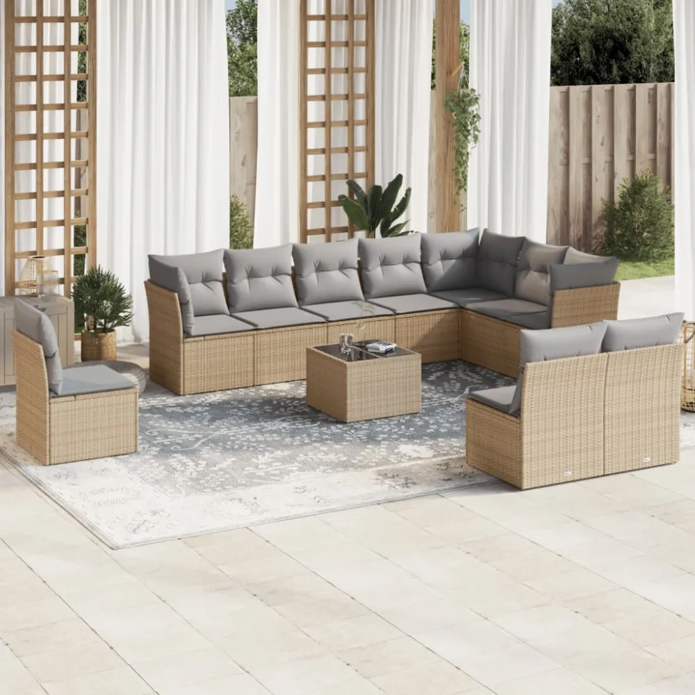 11-delige Tuinset met kussens poly rattan beige vidaXL