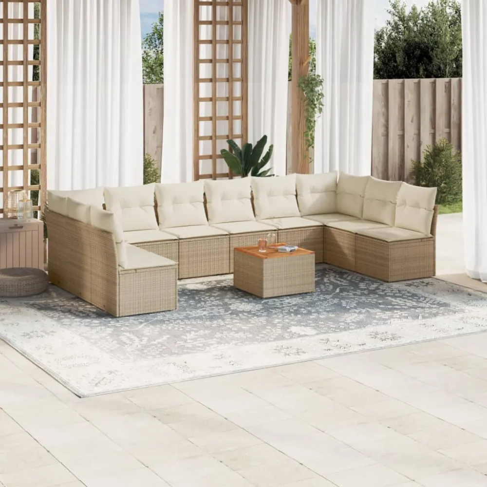11-delige Tuinset met kussens poly rattan beige vidaXL