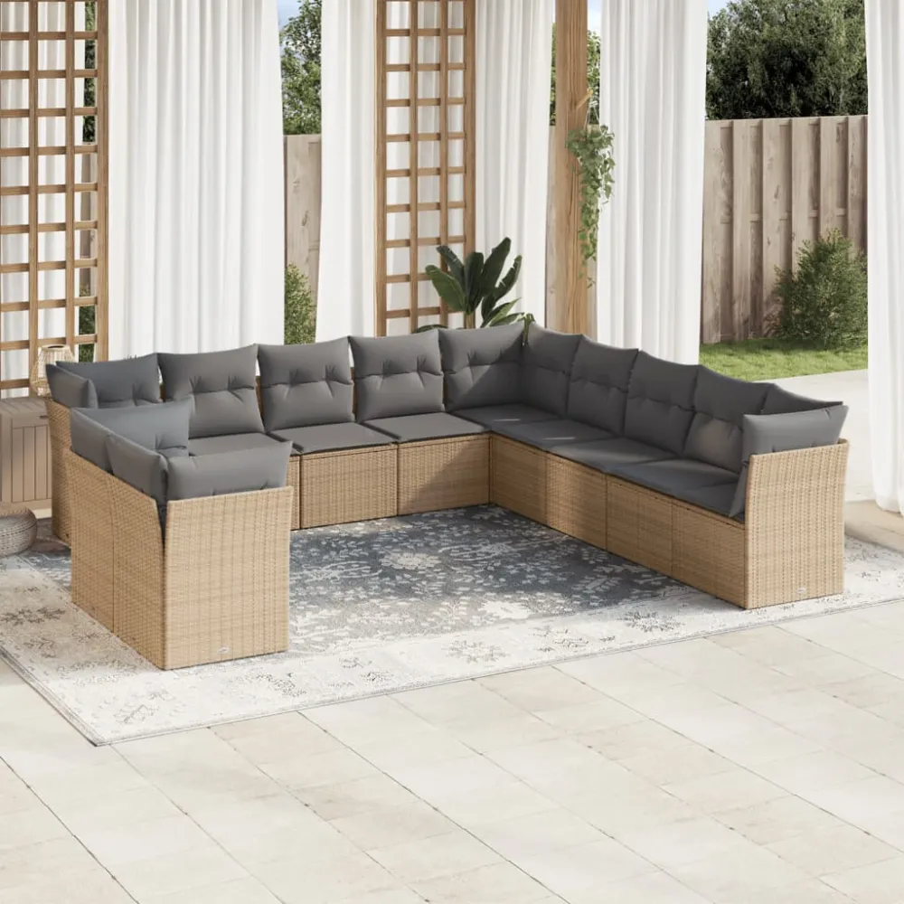 11-delige Tuinset met kussens poly rattan beige vidaXL