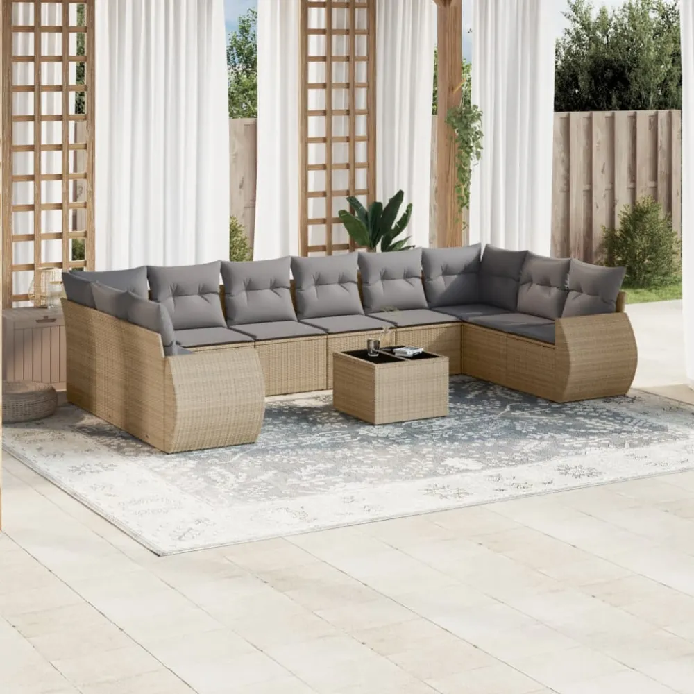 11-delige Tuinset met kussens poly rattan beige vidaXL