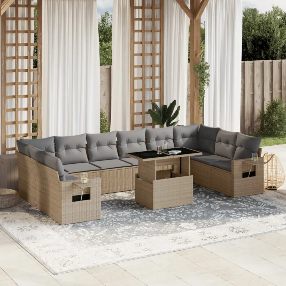 11-delige Tuinset met kussens poly rattan beige vidaXL