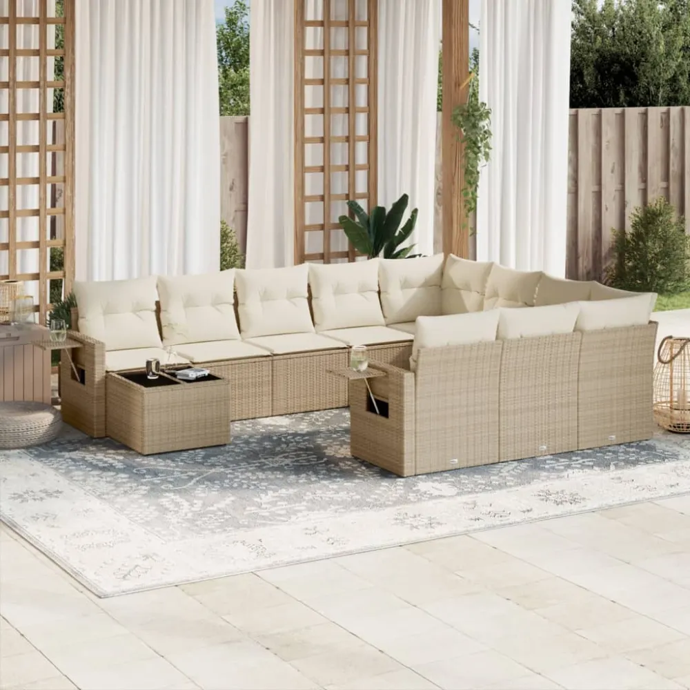 11-delige Tuinset met kussens poly rattan beige vidaXL