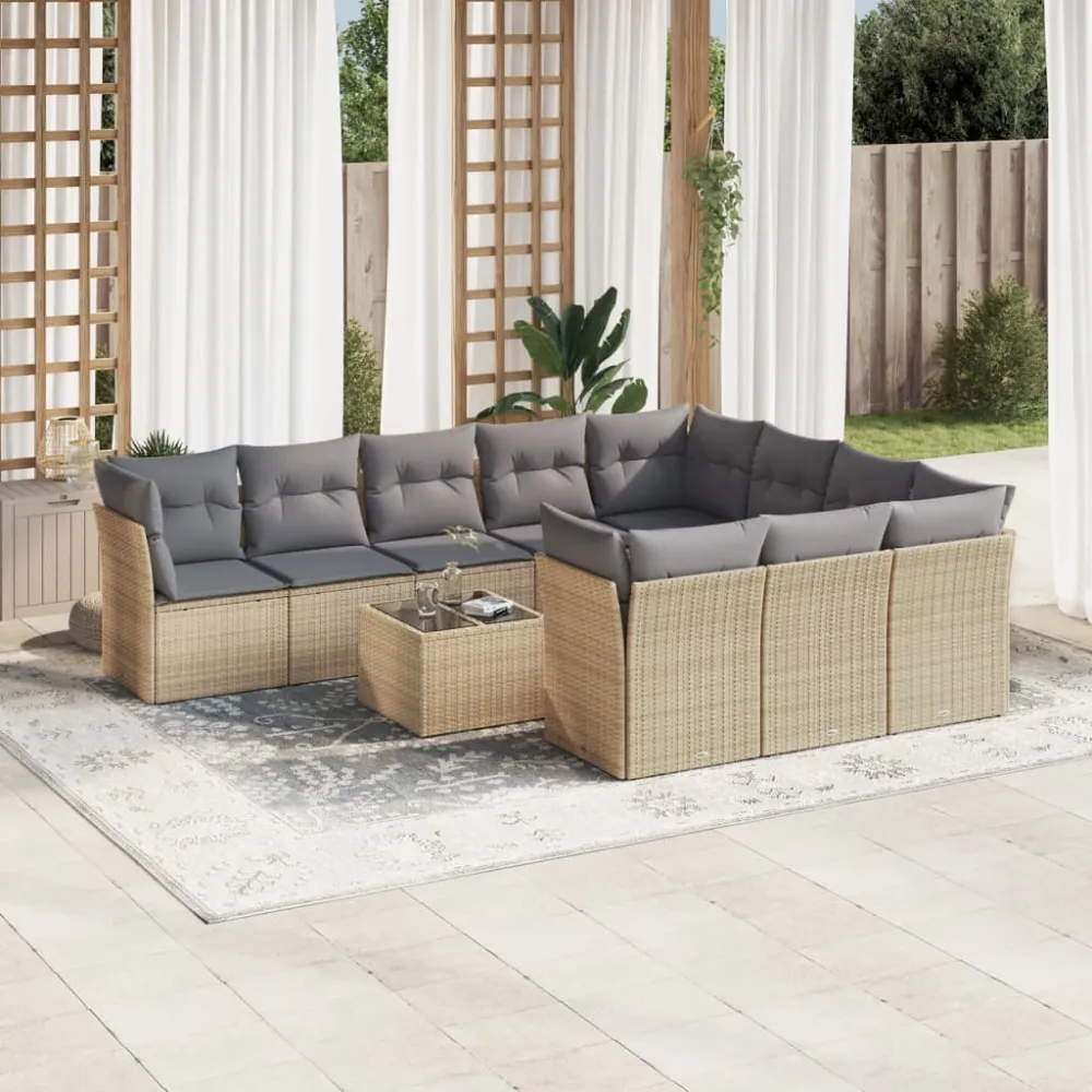 11-delige Tuinset met kussens poly rattan beige vidaXL