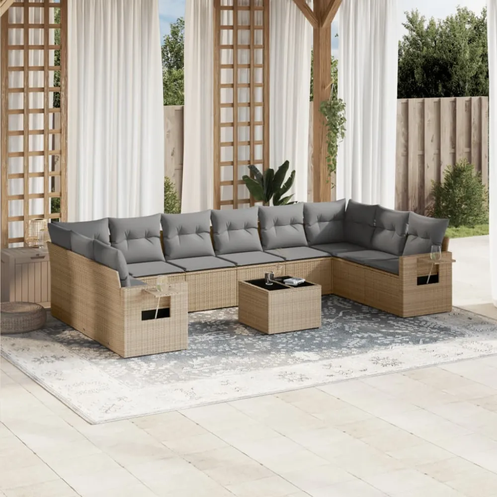 11-delige Tuinset met kussens poly rattan beige vidaXL