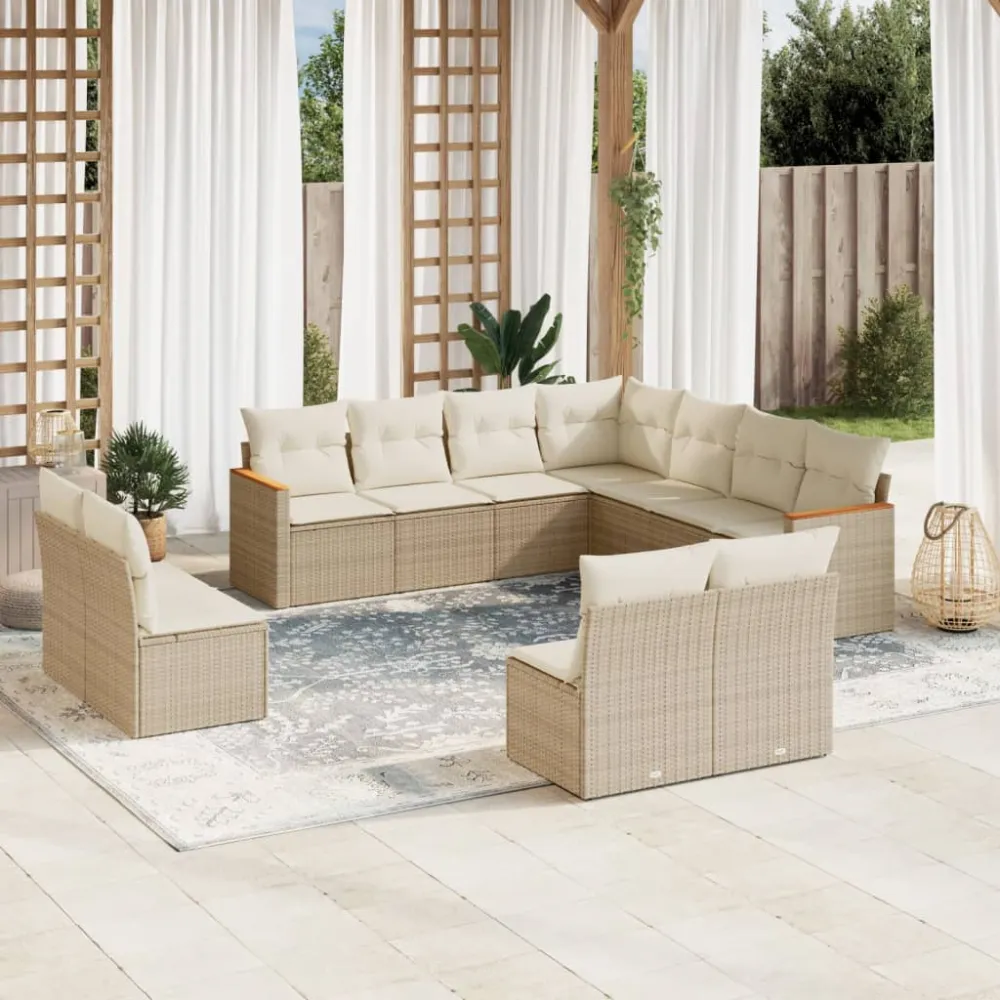 11-delige Tuinset met kussens poly rattan beige vidaXL