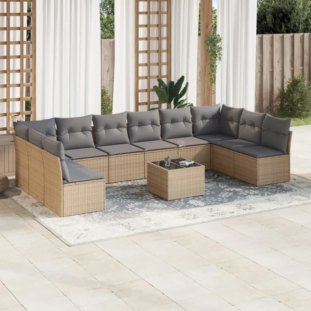 11-delige Tuinset met kussens poly rattan beige vidaXL