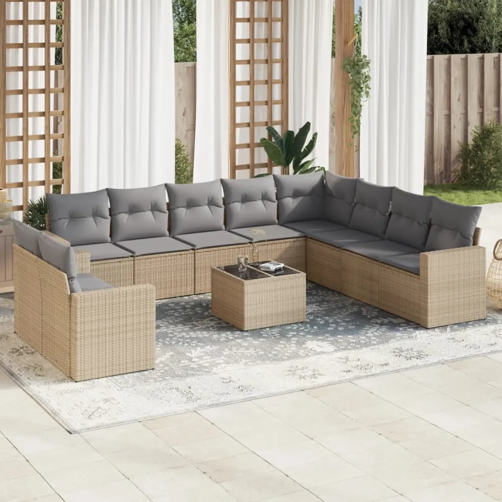 11-delige Tuinset met kussens poly rattan beige vidaXL