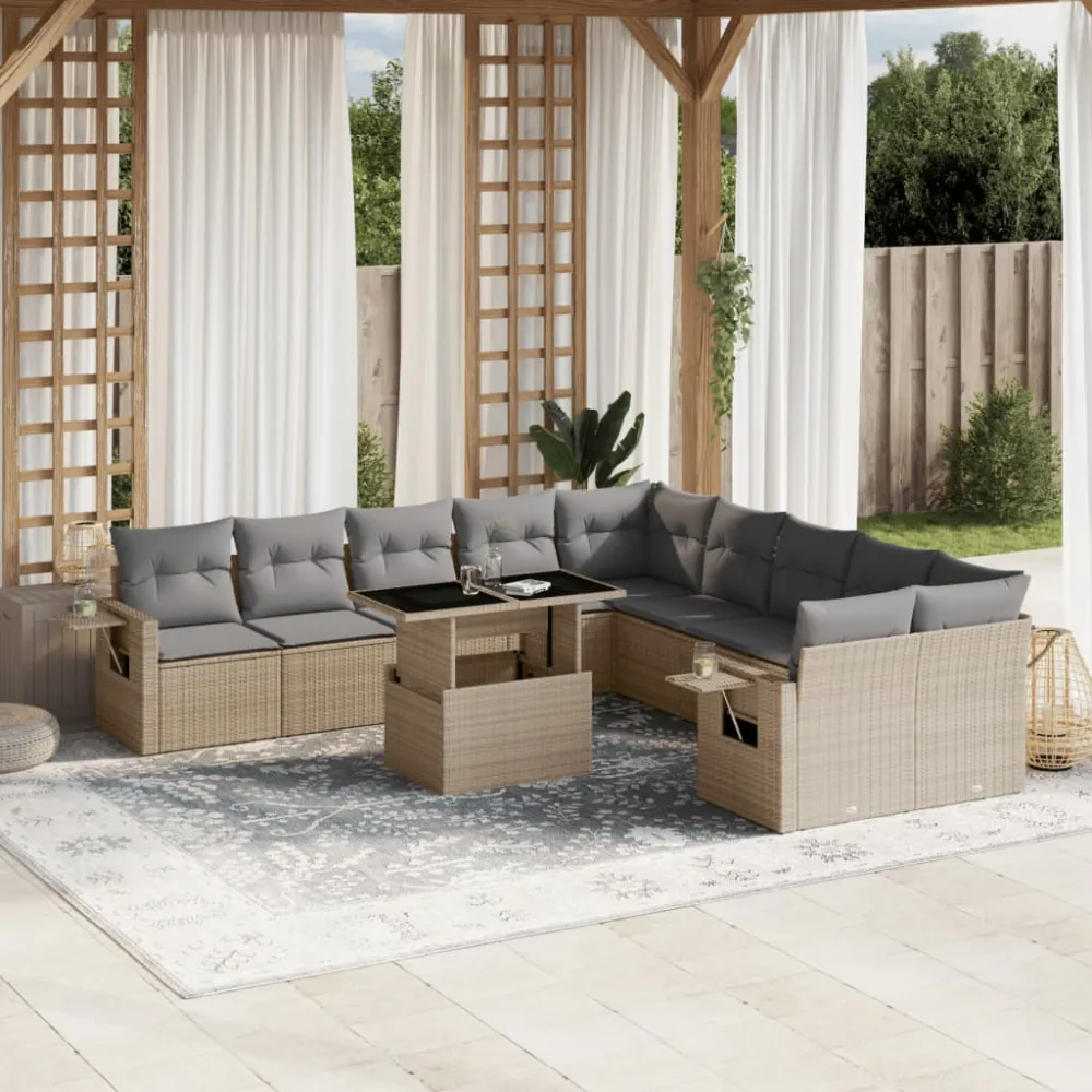 11-delige Tuinset met kussens poly rattan beige vidaXL