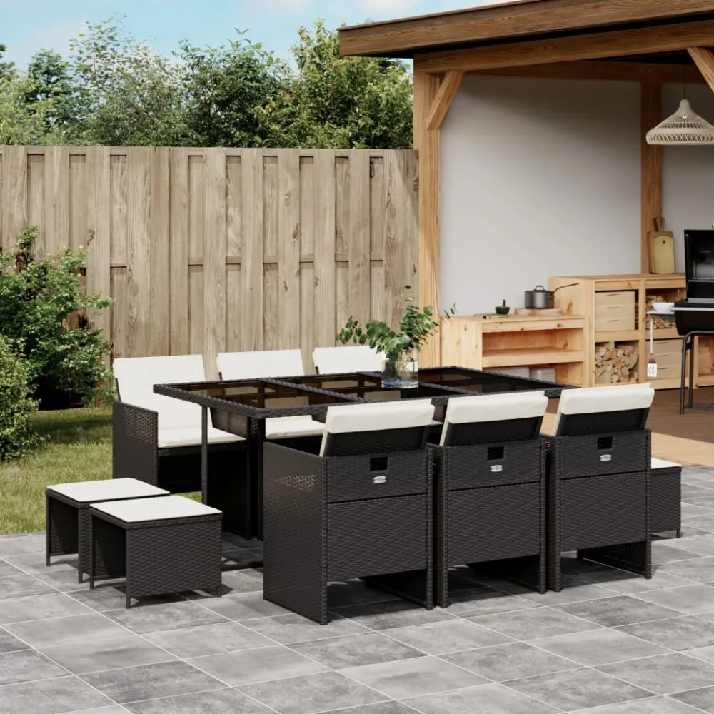 11-delige Tuinset met kussens poly rattan zwart vidaXL