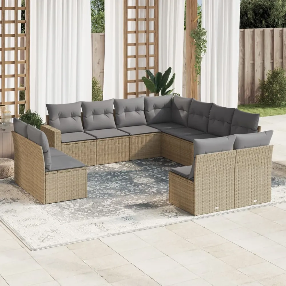 11-delige Tuinset met kussens poly rattan beige vidaXL
