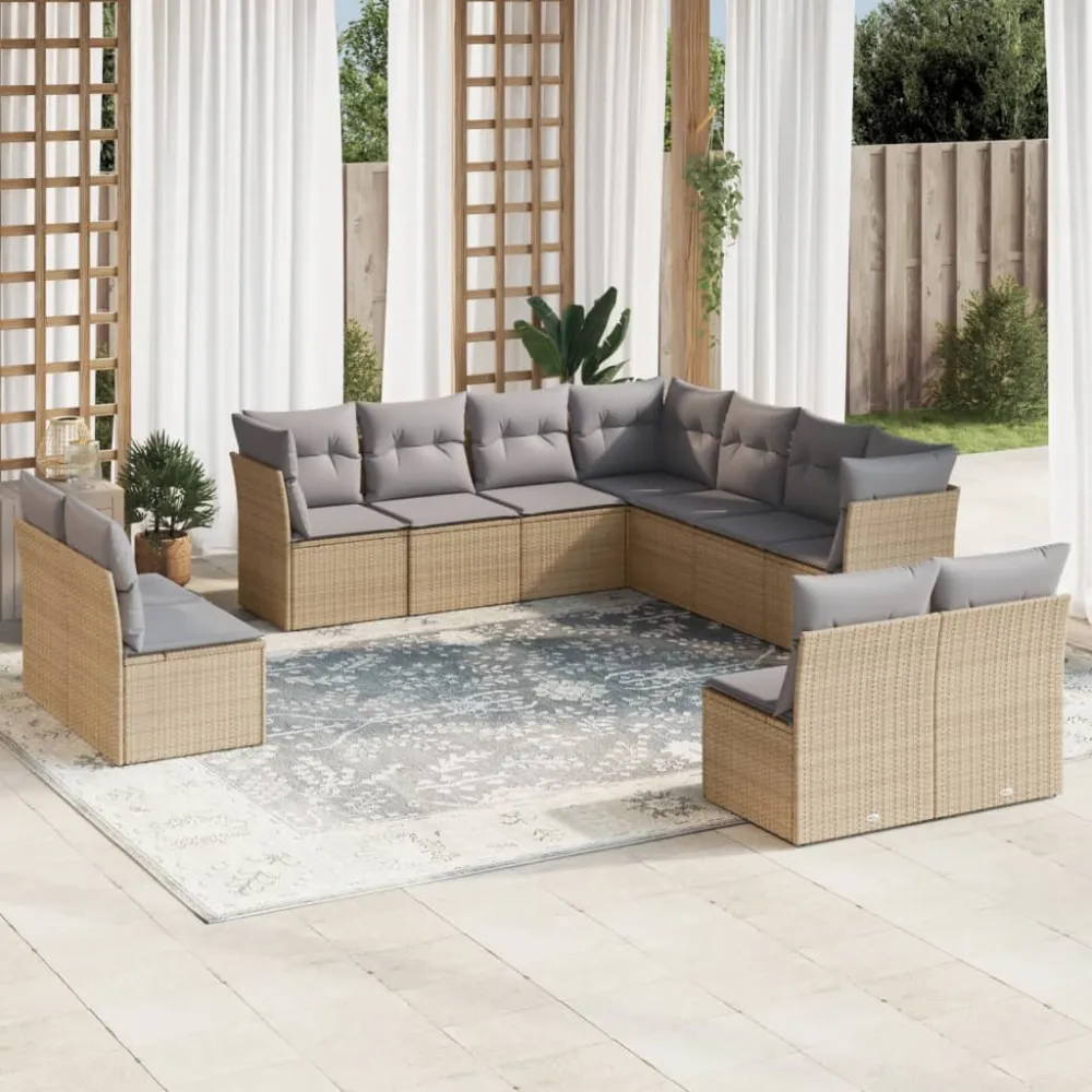 11-delige Tuinset met kussens poly rattan beige vidaXL