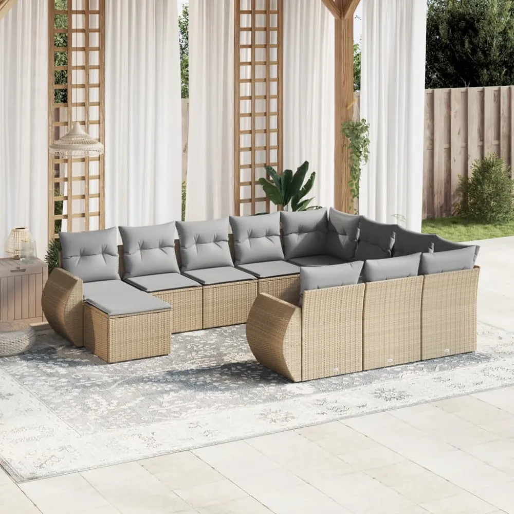 11-delige Tuinset met kussens poly rattan beige vidaXL
