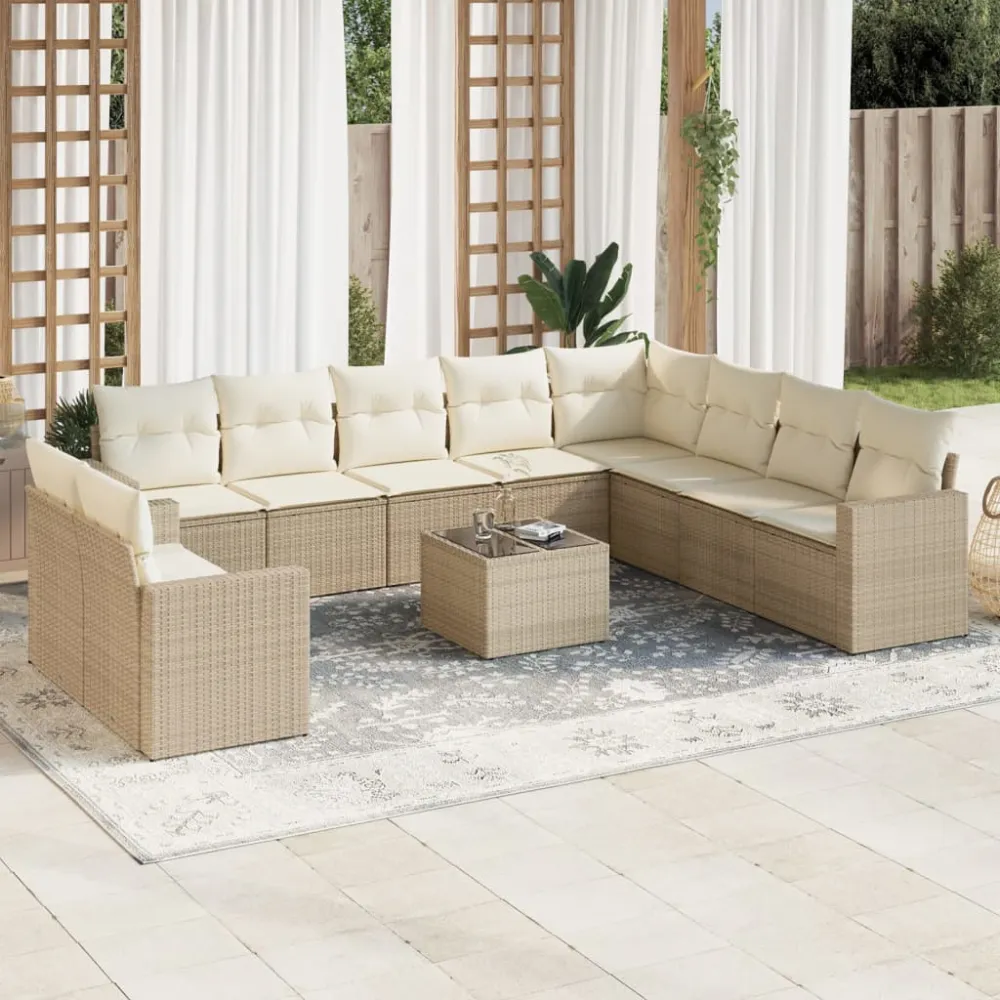 11-delige Tuinset met kussens poly rattan beige vidaXL