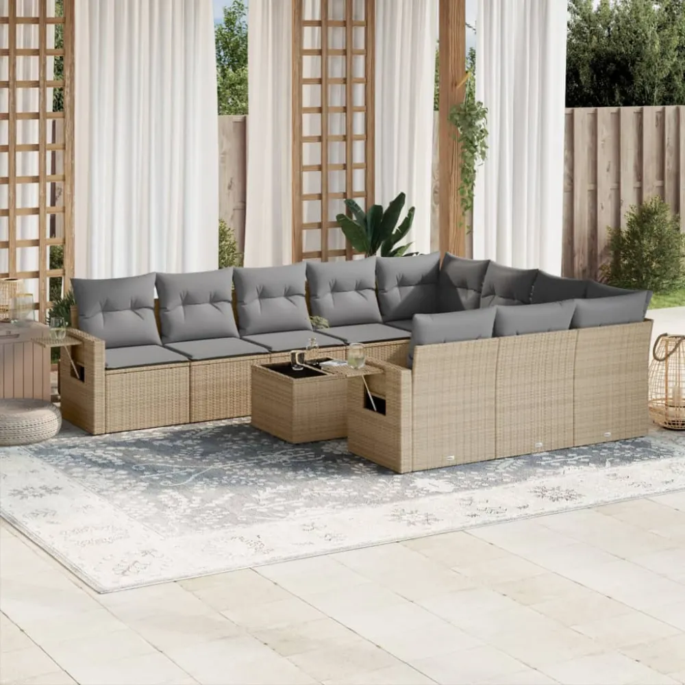 11-delige Tuinset met kussens poly rattan beige vidaXL