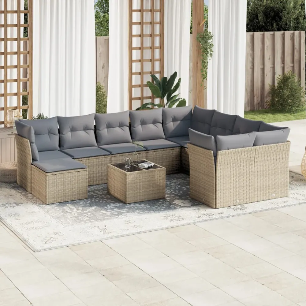 11-delige Tuinset met kussens poly rattan beige vidaXL