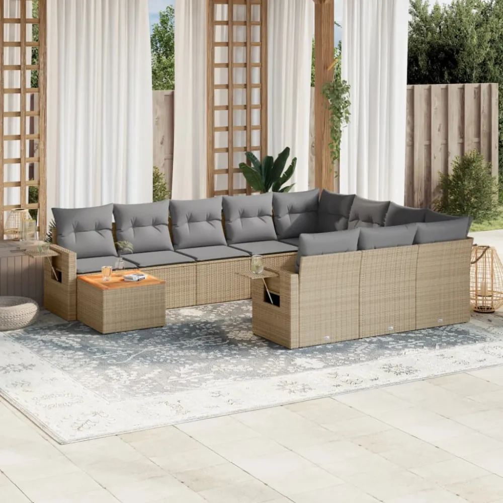 11-delige Tuinset met kussens poly rattan beige vidaXL