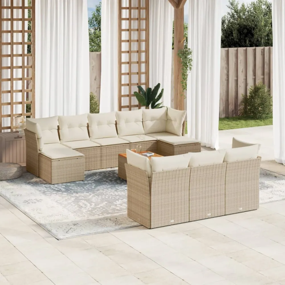 11-delige Tuinset met kussens poly rattan beige vidaXL