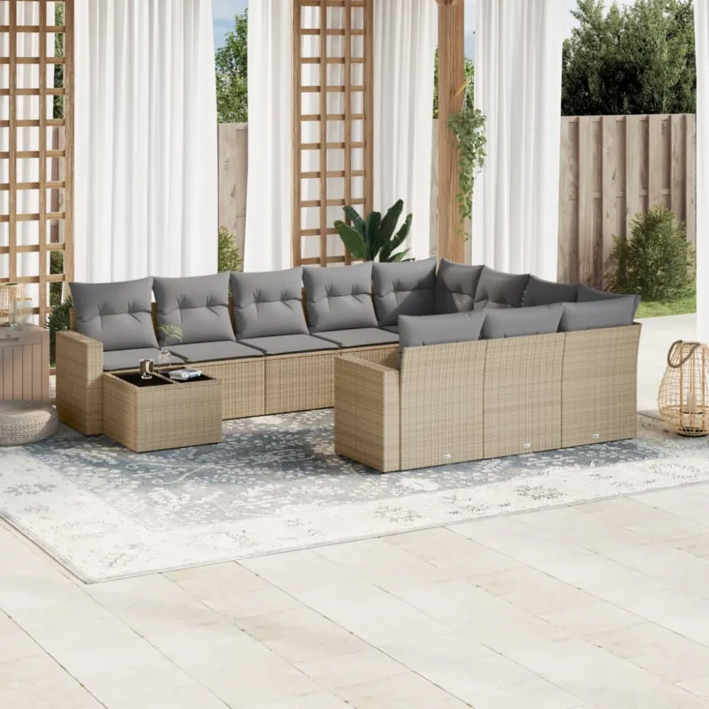 11-delige Tuinset met kussens poly rattan beige vidaXL