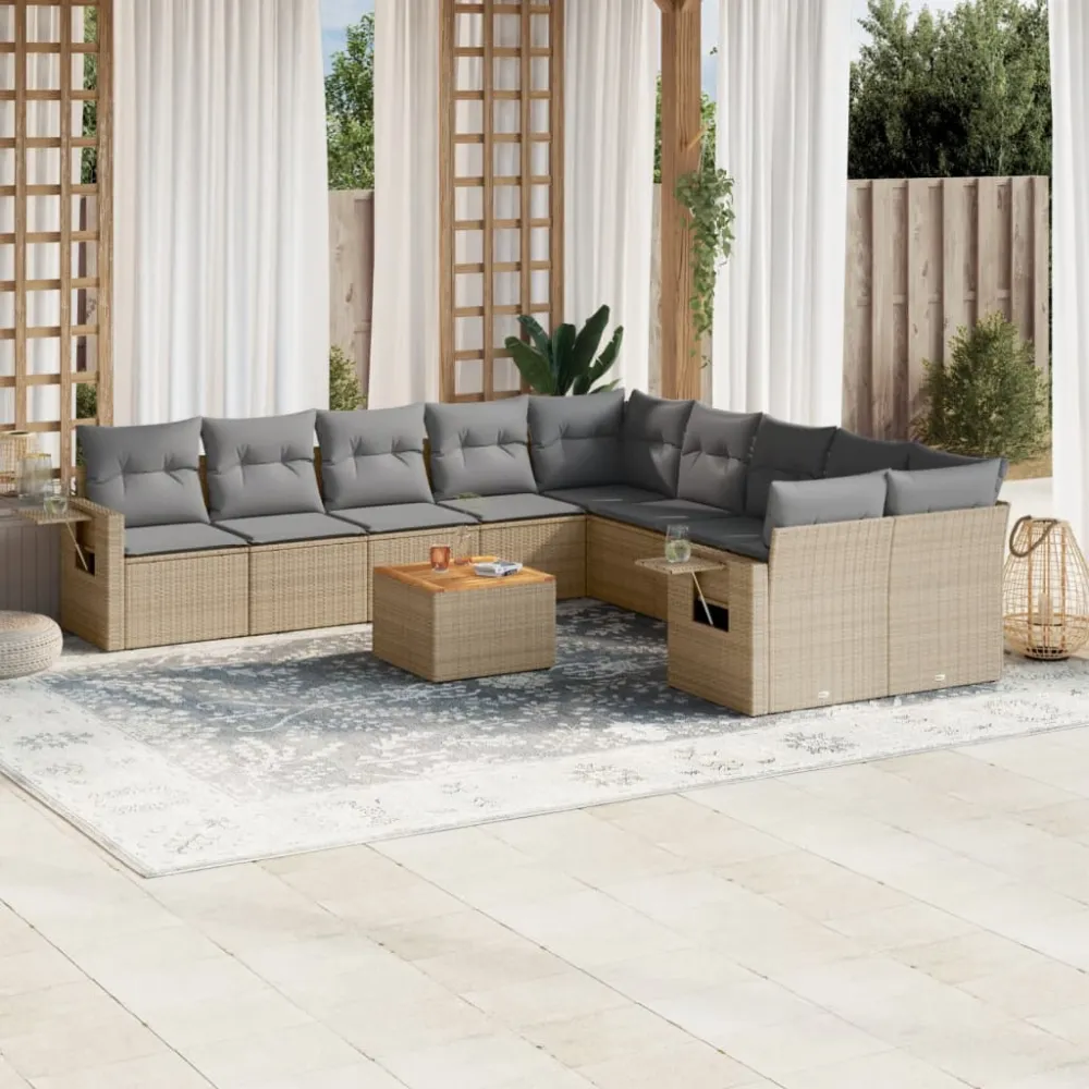 11-delige Tuinset met kussens poly rattan beige vidaXL