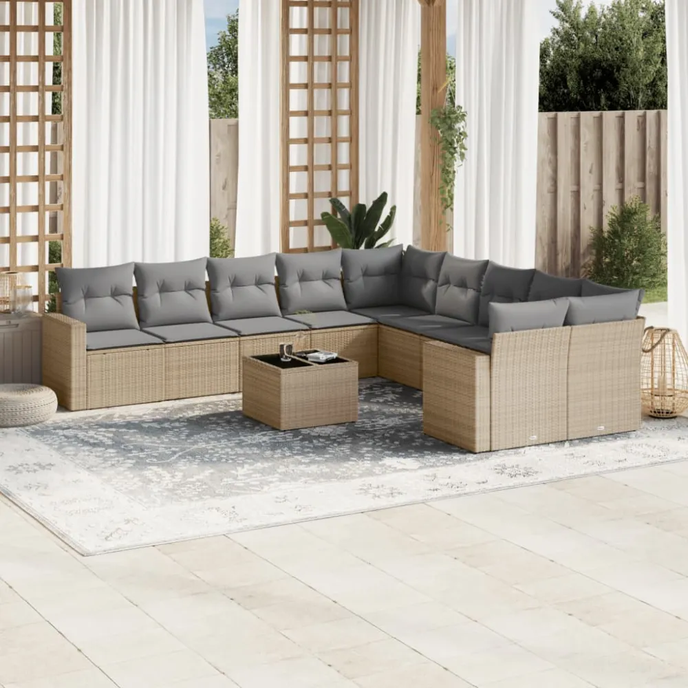 11-delige Tuinset met kussens poly rattan beige vidaXL