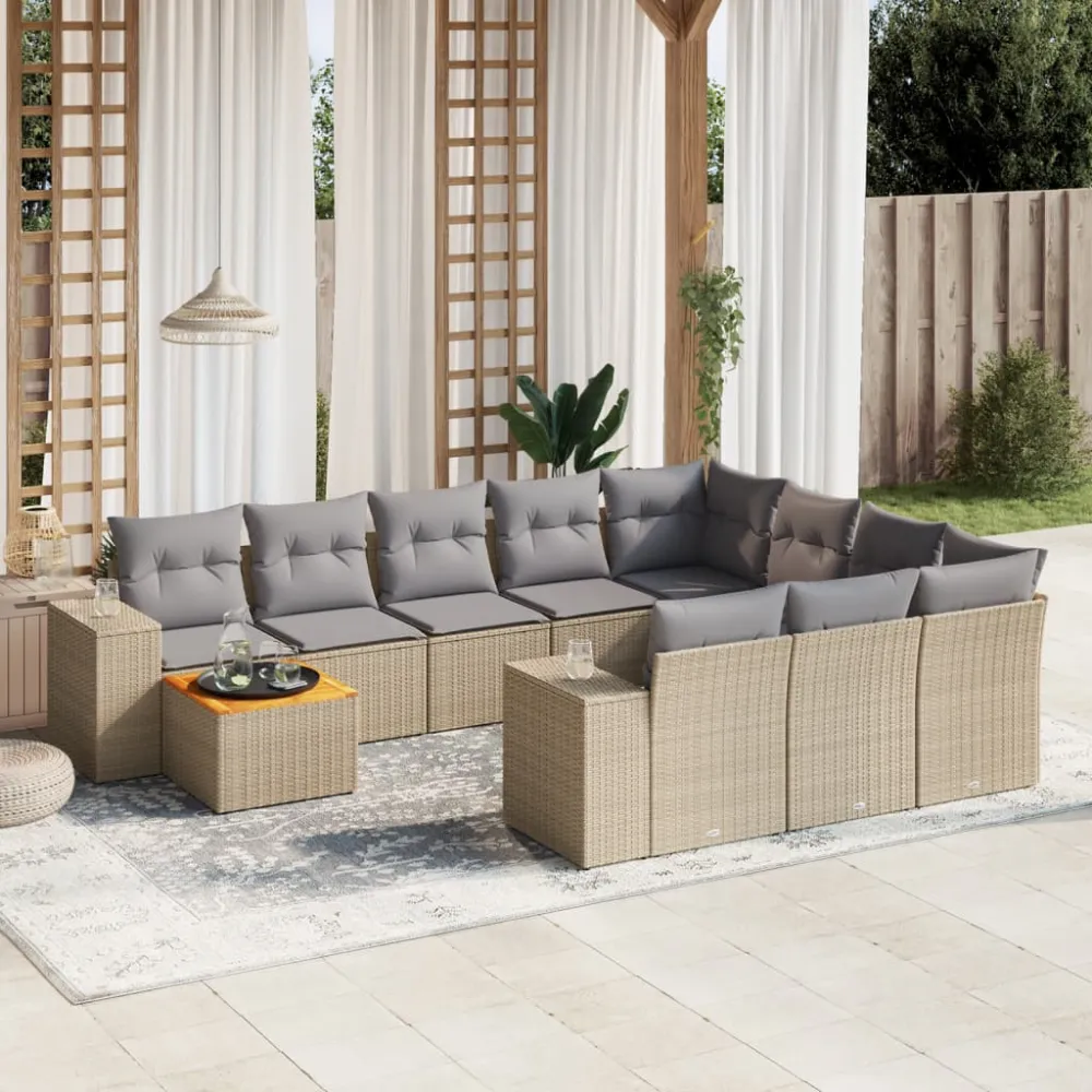 11-delige Tuinset met kussens poly rattan beige vidaXL