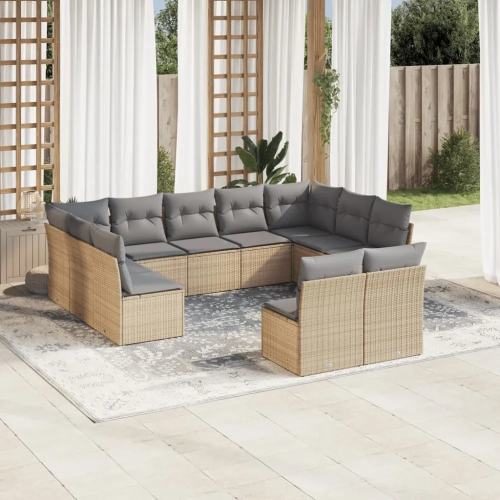 11-delige Tuinset met kussens poly rattan beige vidaXL