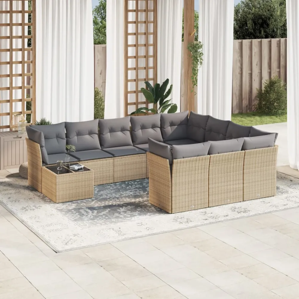 11-delige Tuinset met kussens poly rattan beige vidaXL