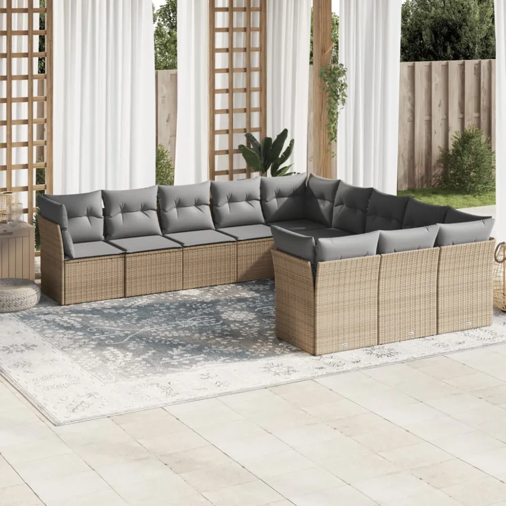 11-delige Tuinset met kussens poly rattan beige vidaXL