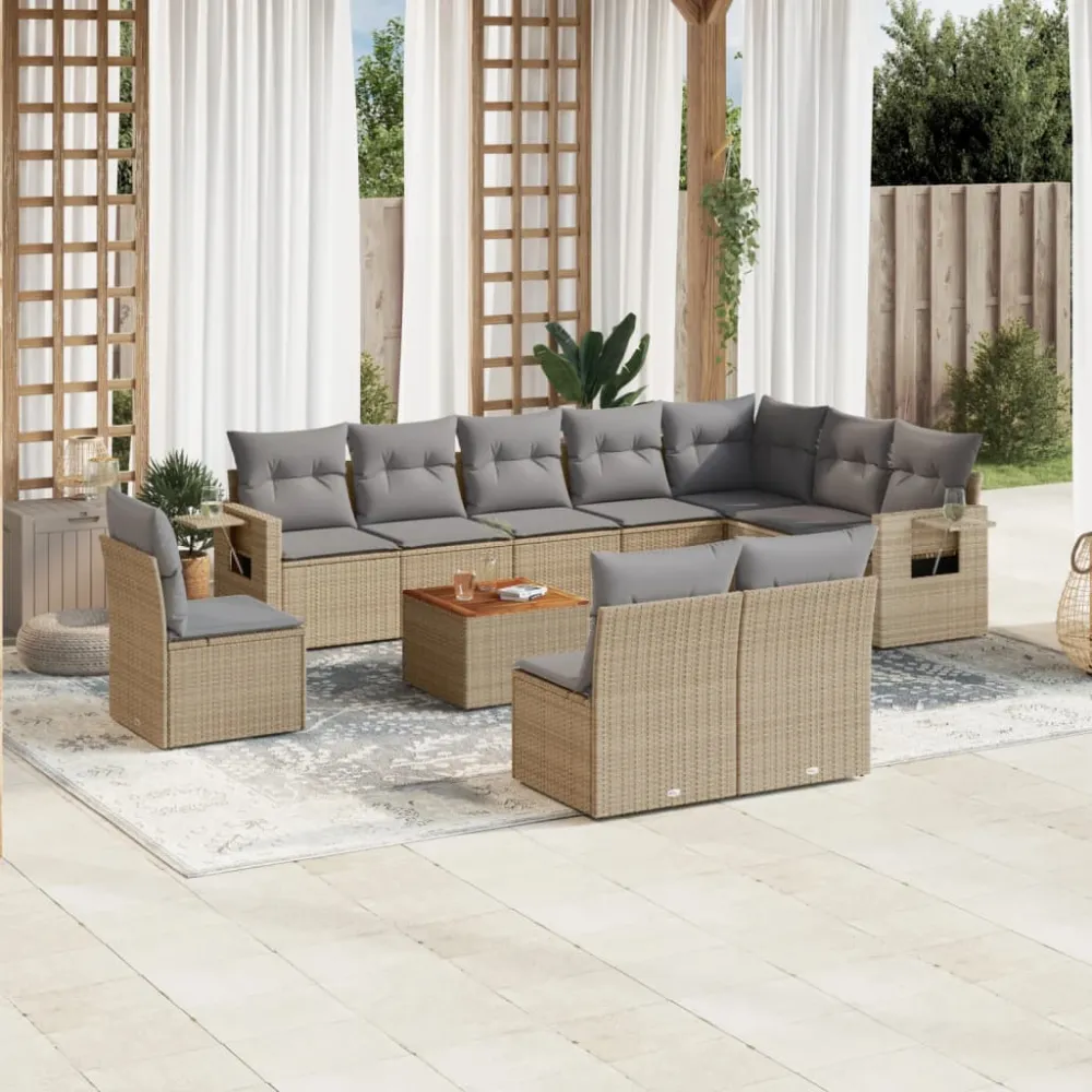 11-delige Tuinset met kussens poly rattan beige vidaXL