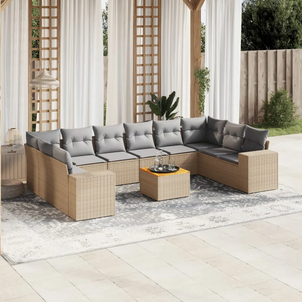 11-delige Tuinset met kussens poly rattan beige vidaXL