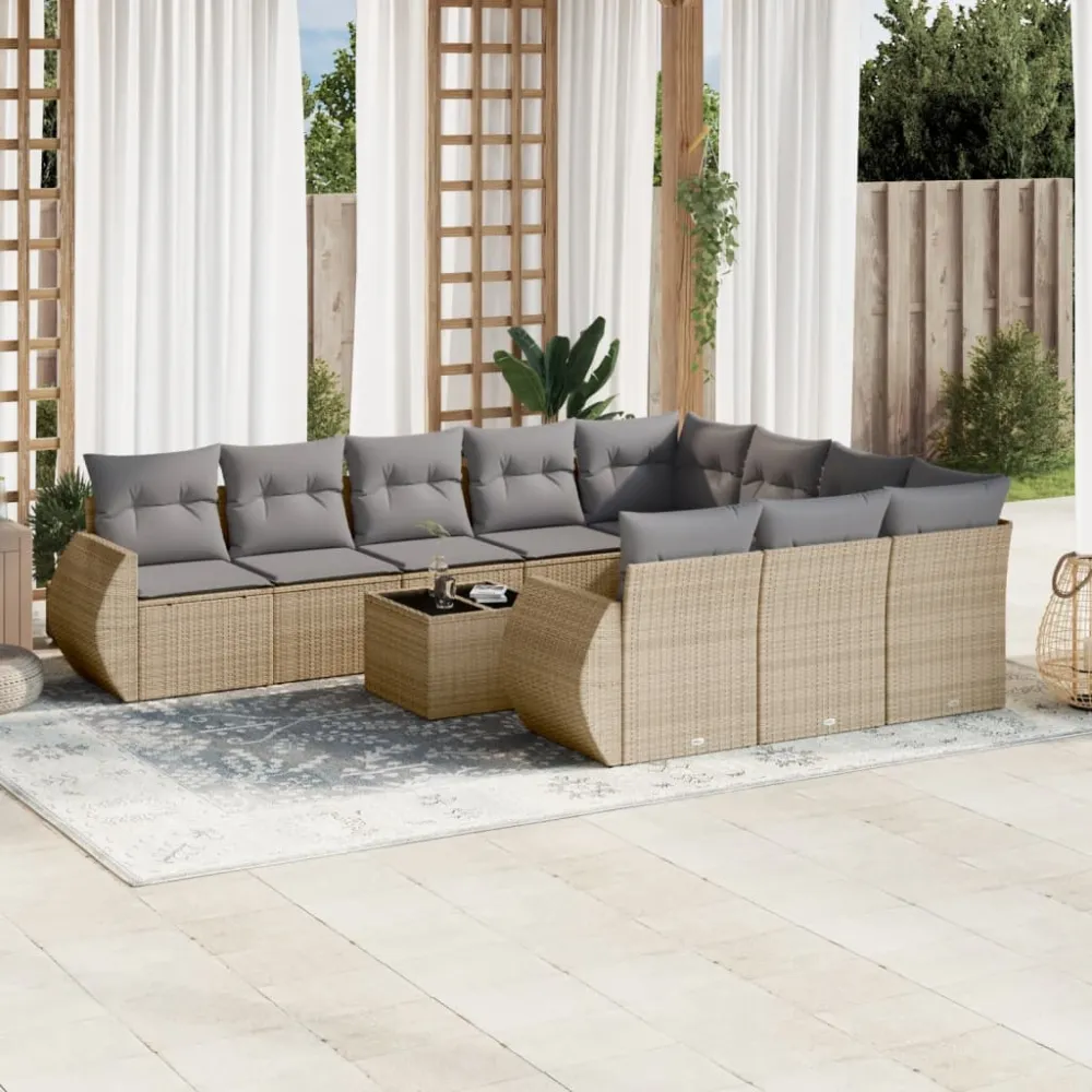 11-delige Tuinset met kussens poly rattan beige vidaXL