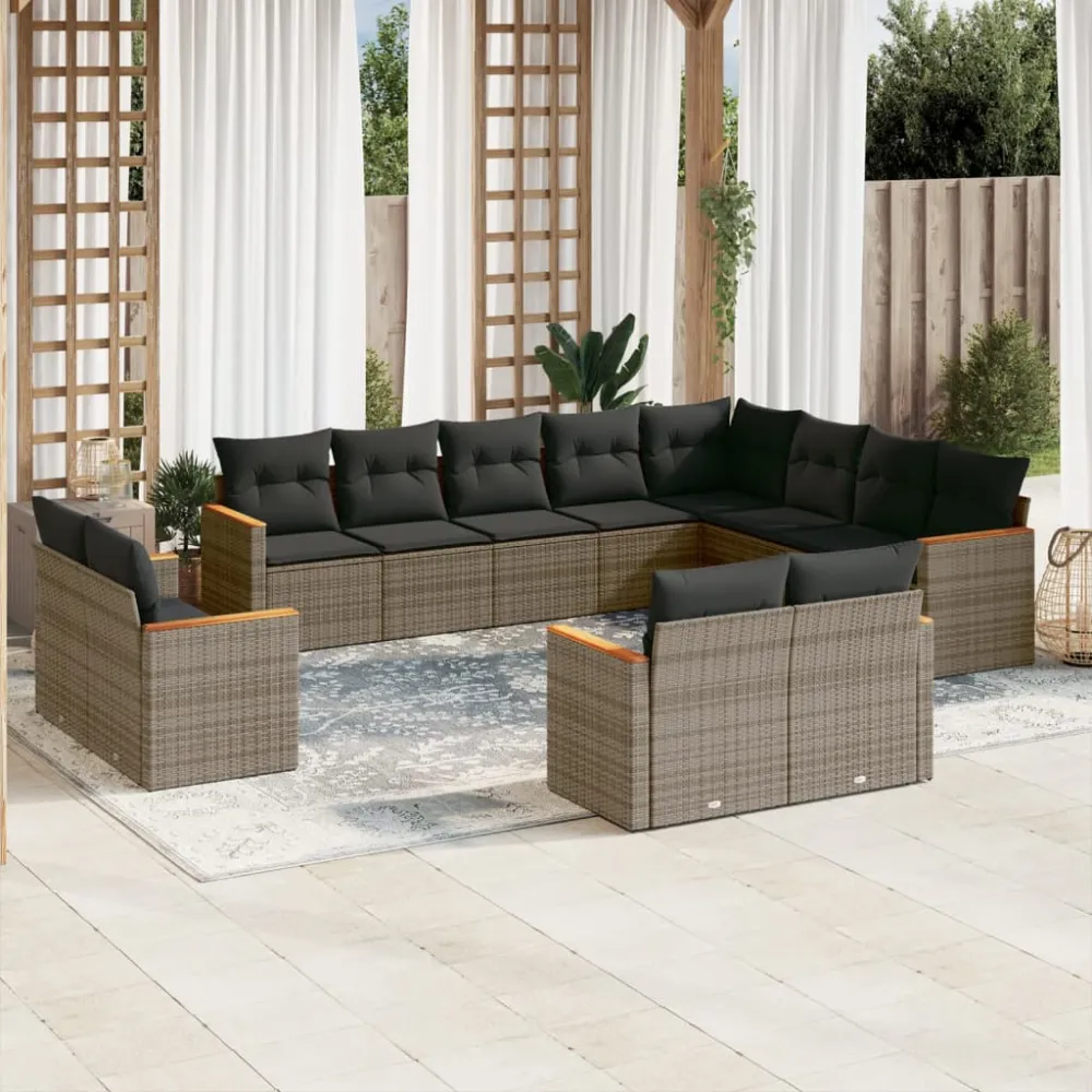 12-delige Loungeset met kussens poly rattan grijs vidaXL