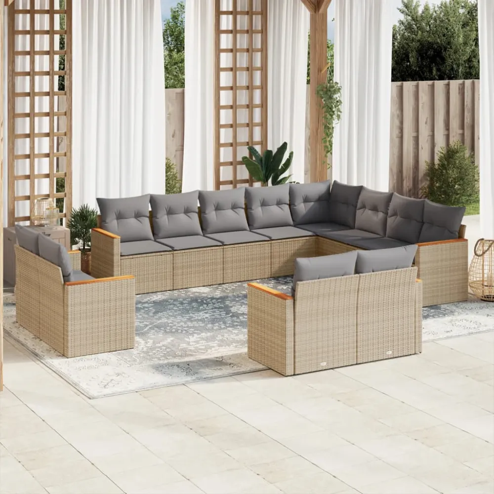 12-delige Loungeset met kussens poly rattan gemengd beige vidaXL