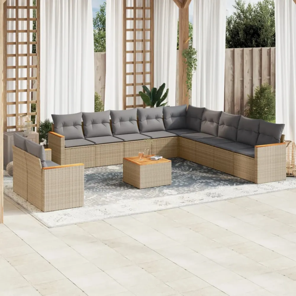 12-delige Loungeset met kussens poly rattan gemengd beige vidaXL