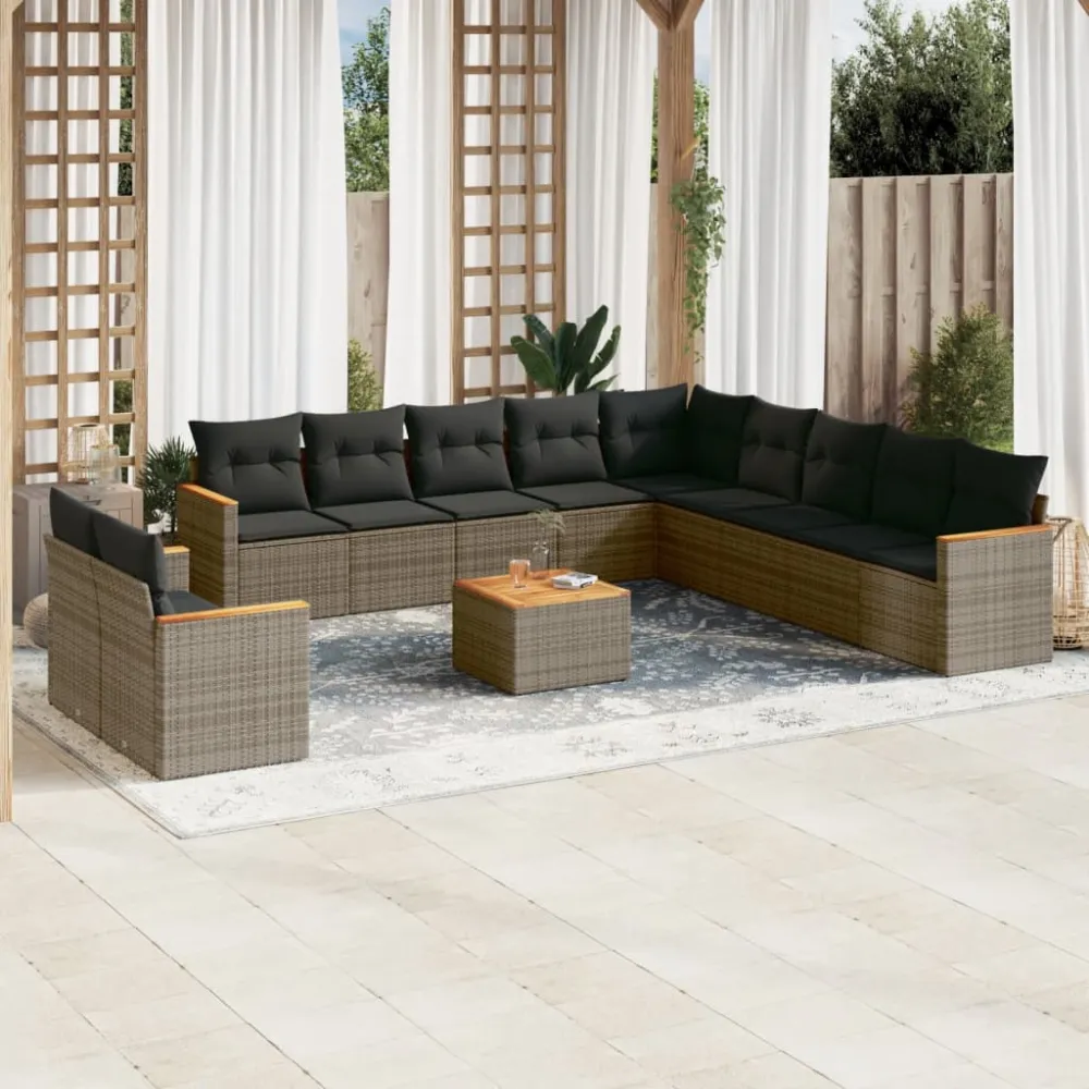 12-delige Loungeset met kussens poly rattan grijs vidaXL