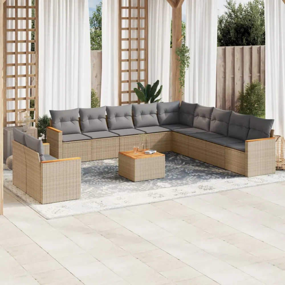 12-delige Loungeset met kussens poly rattan beige vidaXL