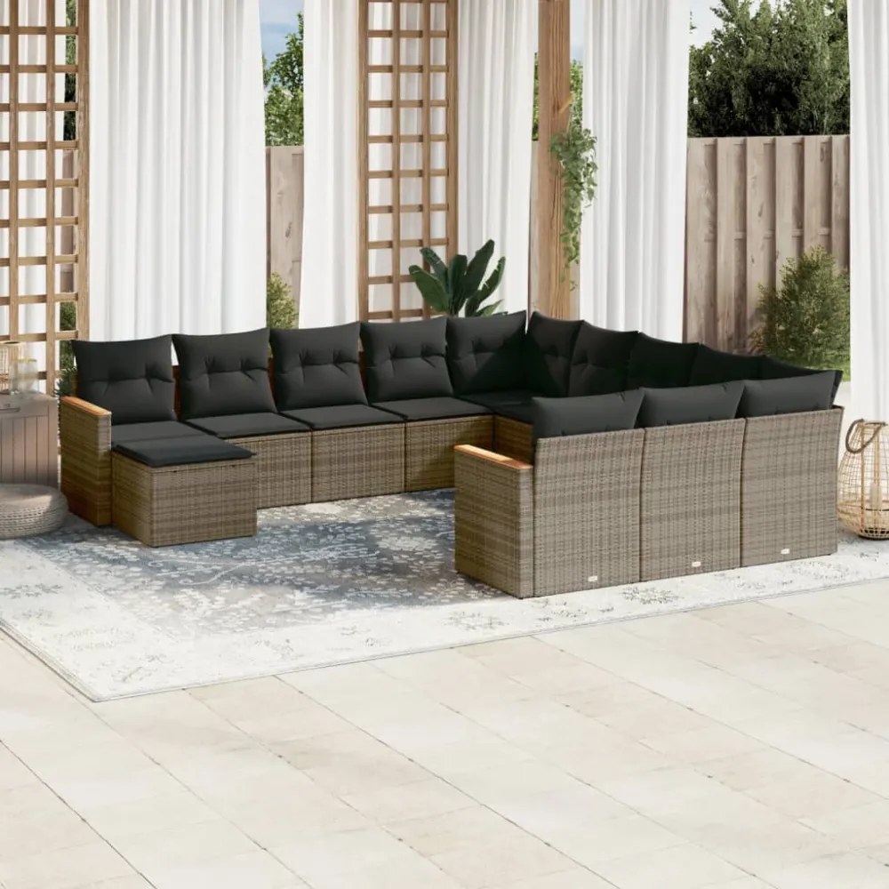 12-delige Loungeset met kussens poly rattan grijs vidaXL