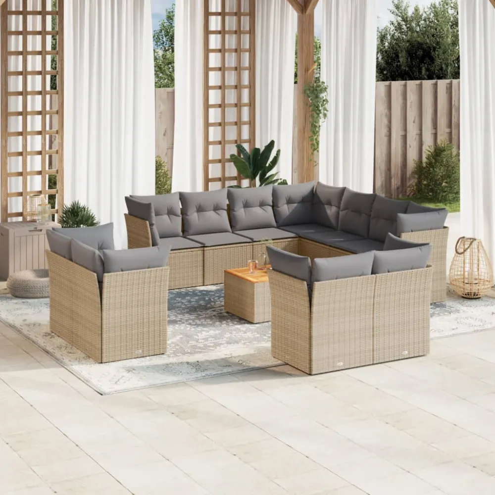 12-delige Loungeset met kussens poly rattan beige vidaXL