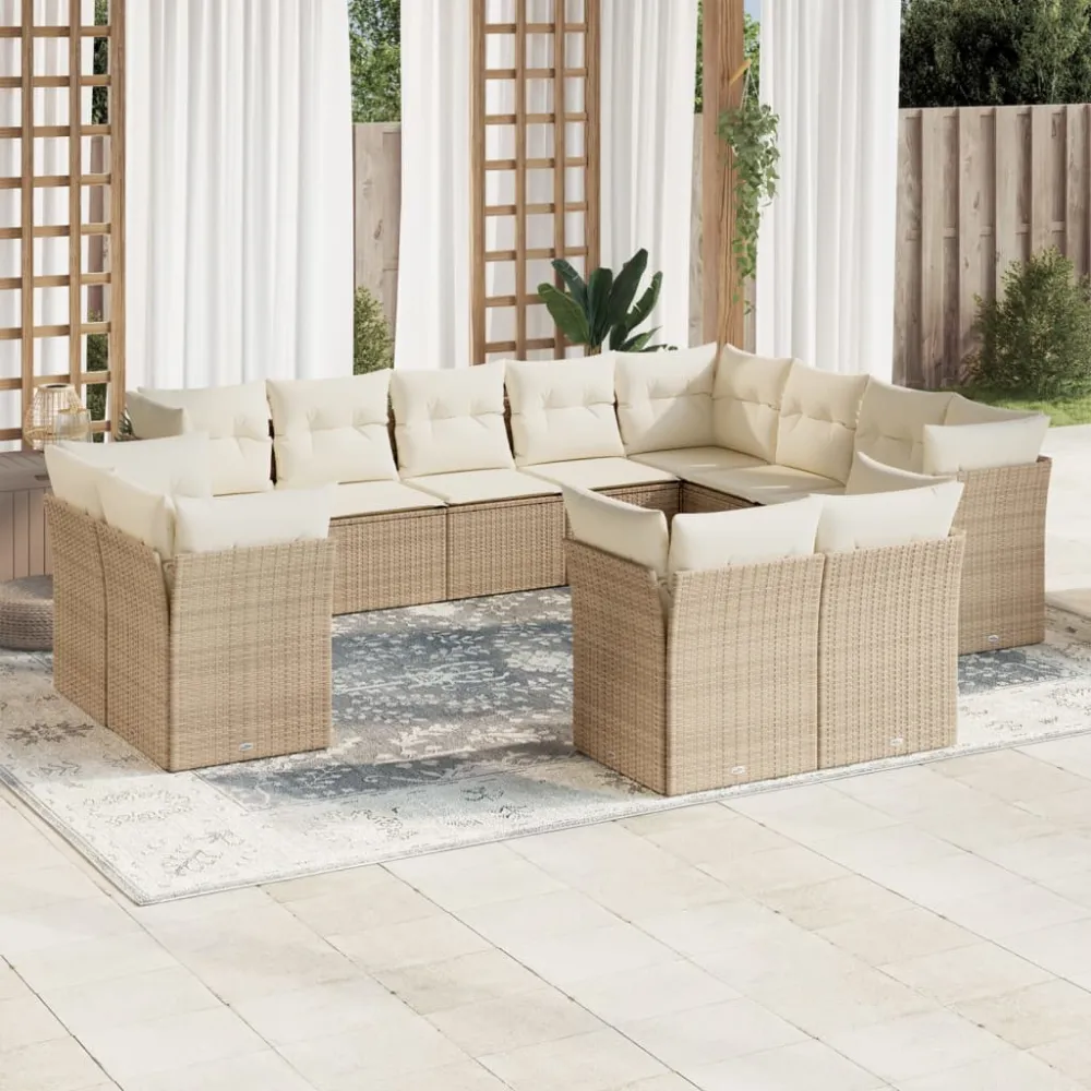 12-delige Loungeset met kussens poly rattan beige vidaXL